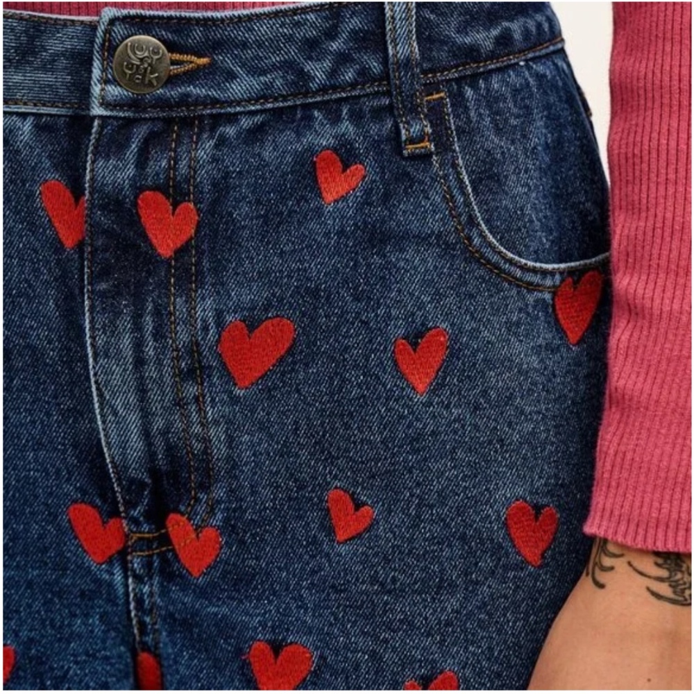 LIMITED EDITION Lucy & Yak Jeans in Mid Wash Blue with Cupid Hearts Embroidery